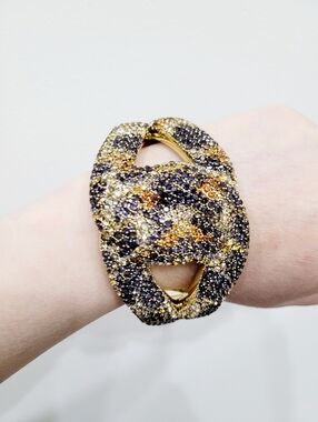Brand New Gold Tone Blue Rhinestone Bangle Bracelet